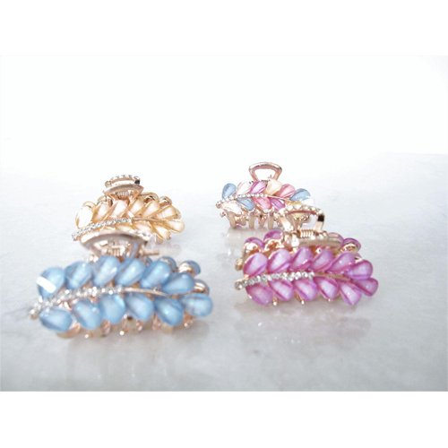 Small gold metal leaf crystal hair claw bridal clip (Primary color: Blue)