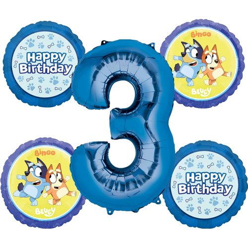Anagram Bluey 3rd Birthday Party Supplies 5pc Foil Balloon Bouquet
