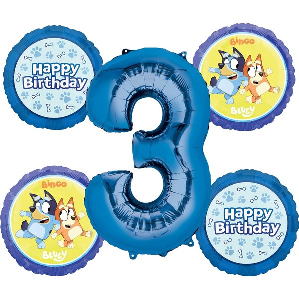 Anagram Bluey 3rd Birthday Party Supplies 5pc Foil Balloon Bouquet
