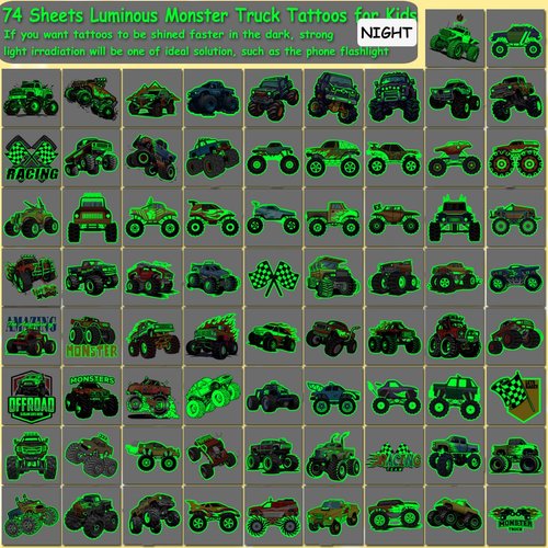 CHARLENT Glow in The Dark Monster Truck Temporary Tattoos for Kids Party Supplies - 74 Individually Sheets Luminous Monster Truck Tattoos for Boys Birthday Party Favors Goodie Bag Fillers