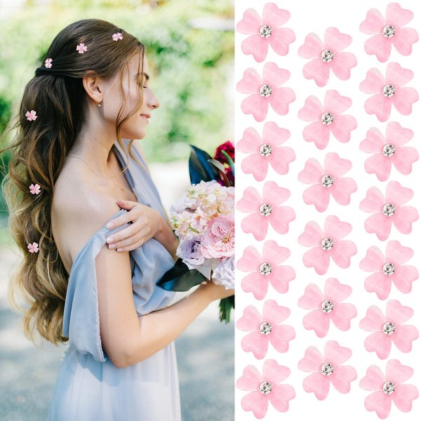 YISSION 20Pcs Mini Pink Flower Hair Clips with Rhinestone Cute Hair Pins Decorative Hair Clips Wedding Hair Barrettes Bridal Hair Accessories for Girls Women