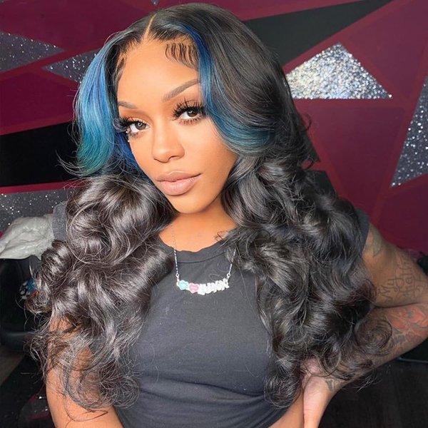 JYZ Skunk Stripe Wig Human Hair Lace Front Blue Highlights Wig Human Hair Wavy 13X4 HD Lace Front Wigs Human Hair 200% Density Highlight Wigs Human Hair Pre Plucked with Baby Hair 22inch Middle Part
