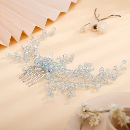 Teyglen Dainty Blue Rhinestones Crystal Bride Wedding Hair Comb Headband Hair Accessories with Rhinestones Crystals Bridal Side Hair Combs for Women Bride Girls (Light Blue)