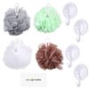 Eco-Fused Shower Bath Sponges and Suction Cups Wall Hooks Set - Includes 4X Loofah Shower Mesh Ball for Men and Women - Exfoliating Sponge - 4X Reusable Suction Cup Mounts for Flat Smooth Surfaces
