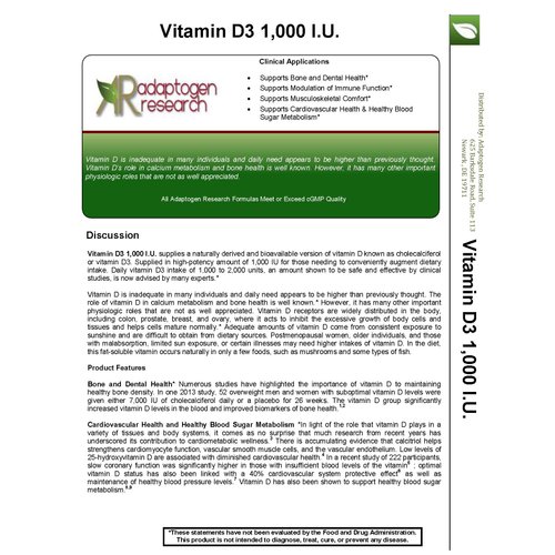 Vitamin D3 1,000 IU High Potency | Vitamin D 1000 (25 mcg) Supplement for Healthy Bones Muscles | Hypoallergenic Supplement for Enhanced Vitamin D Absorption | 100 Vegetarian Caps |Adaptogen Research
