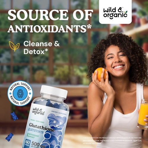 Wild & Organic L Glutathione Gummies - Reduced Glutathione 500mg for Antioxidant Support - L-Glutathione for Liver Cleanse Detox - Non-GMO L Glutathione Supplement - 60 Liver Detox Gummies w/Pectin