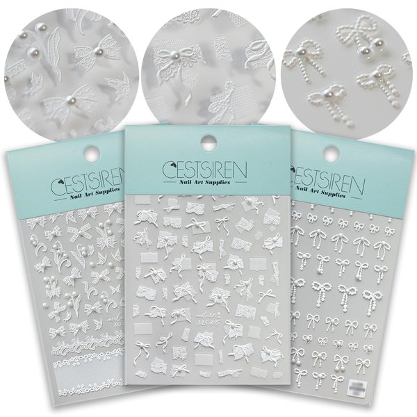 CESTSIREN White Bow Ribbon Nail Art Stickers Pearl Lace Rhinestones Embossed Nail Decals for Nail Art Design Self-Adhesive Nail Accessories for Women Nail Art Supplies 3 Sheets