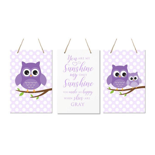 LifeSong Milestones You Are My Sunshine 3 piece Owl Childrens Wall Decor signs for Kids, Bedroom, Nursery, Baby’s Boys, Girls room, size 8” x 12” Proudly Made in USA (Purple)
