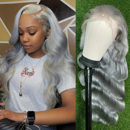 FINMOO Grey Lace Front Wigs Human Hair Pre Plucked 180 Density Body Wave Grey Human Hair 13×4 HD Transparent Lace Frontal Wig Glueless Silver Lace Front Wigs for Black&White Women 26 Inch