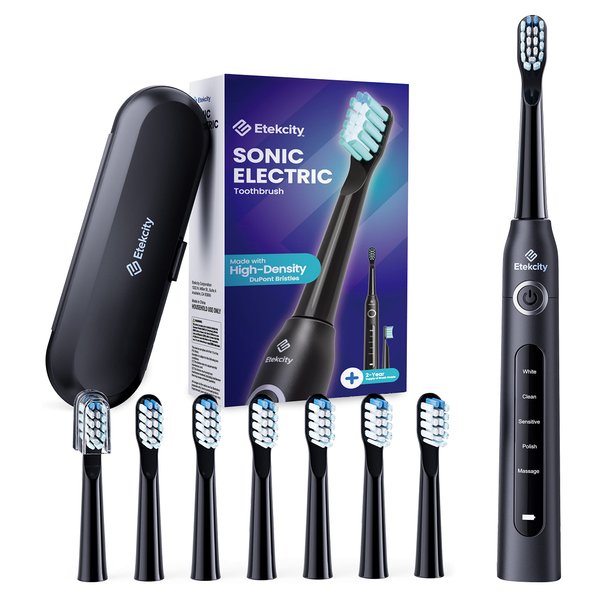 Etekcity Sonic Electric Toothbrush for Adults and Kids, Black, 8 DuPont Tynex StaClean Brush Heads, 2.5 Hour Fast Charge, 30 Day Battery Life, 5 Modes, Smart Timer, Travel Case Included
