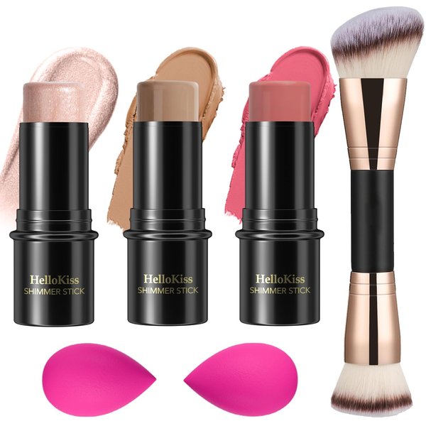 3 Pcs Cream Contour Stick Makeup Kit, Shades with Highlighter Stick, Blush Stick and Bronzer Contour Stick for Sculpt the Cheeks, Waterproof, Matte & Dewy Finish (Fair-Light,#03+#09+#12)