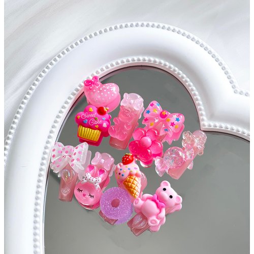 Press on Nails Long Square MABKJLF Summer Fake Nails Pink Full Cover False Nails with Cute 5D Heart Bear Charm Designs Glossy Glue on Nails Artificial Acrylic Nails for Women Girls 24 Pcs