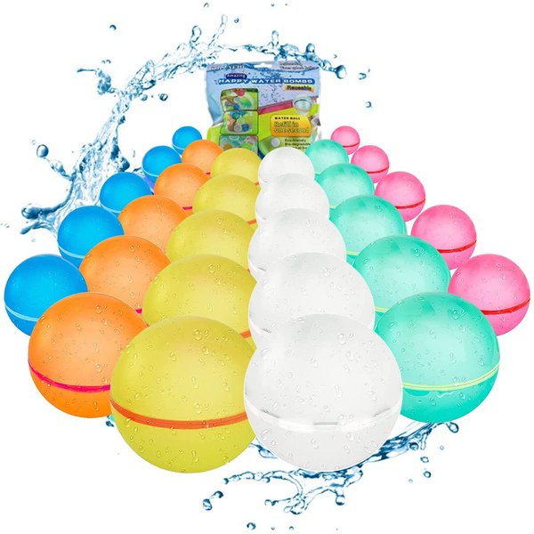 KISKISBY Reusable Water Balloons Water Bombs Splash Ball Quick Fill Self-Sealing Silicone Refillable Water Balls Outdoor Activities Summer Toy Pool Beach Water Games Toys for Kids ages 4-12 (30 Pcs)