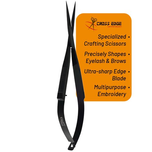 Cross Edge Spring Scissors 5 Inch straight Stainless Steel Precision Eyebrow & Eyelash Shaping & Trimming Scissor, Snips Squeeze Scissors, Embroidery, Knitting Micro Tip Craft Scissors (Black)