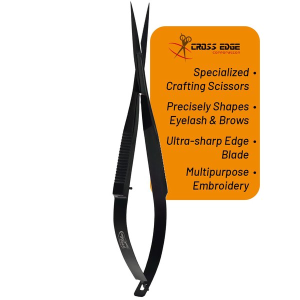 Cross Edge Spring Scissors 5 Inch straight Stainless Steel Precision Eyebrow & Eyelash Shaping & Trimming Scissor, Snips Squeeze Scissors, Embroidery, Knitting Micro Tip Craft Scissors (Black)