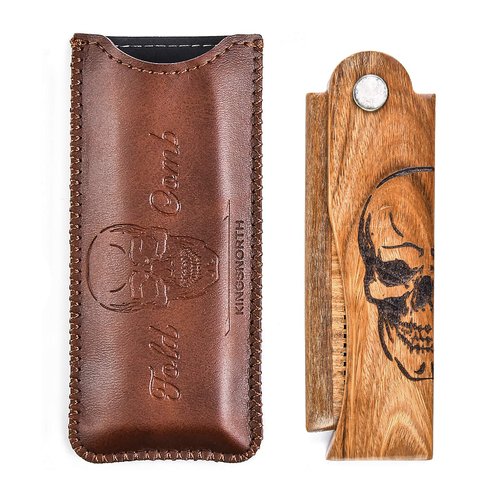 Menesia Men's Pocket Comb,Folding Wooden Beard Comb with Leather Travel Case,Green Sandalwood Hair Combs Set for Men(Skeleton)