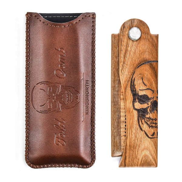 Menesia Men's Pocket Comb,Folding Wooden Beard Comb with Leather Travel Case,Green Sandalwood Hair Combs Set for Men(Skeleton)