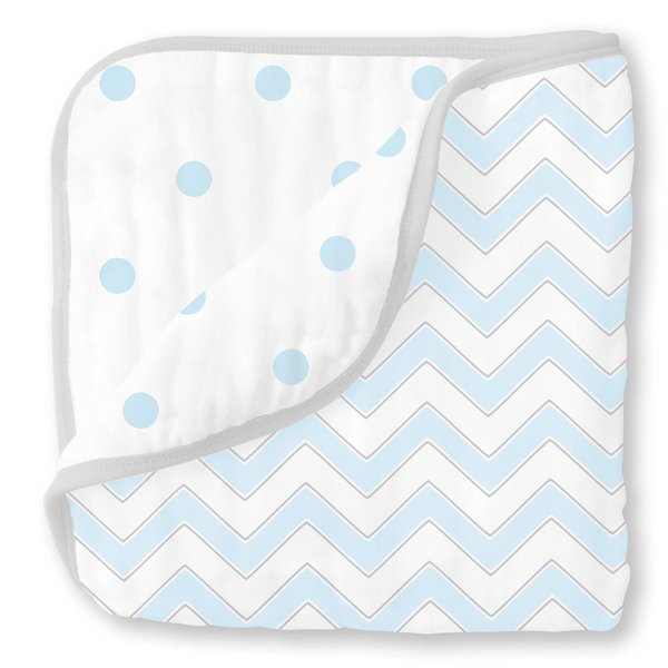 SwaddleDesigns 4-Layer Cotton Muslin Luxe Blanket, Baby and Toddler Cuddle and Dream, 46x46 inches, Pastel Blue Chevron and Dots