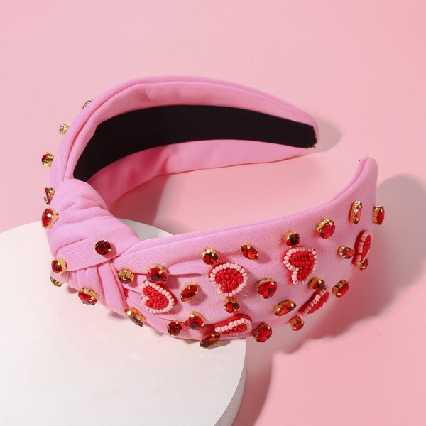 Valentine’s Day Heart Headbands for Women Valentine’s Day Accessories Jeweled Beaded Heart Knotted Headband Pink Red Rhinestone Wide Top Knot Headband Valentine Party Favors Gifts (Heart Headband 4)