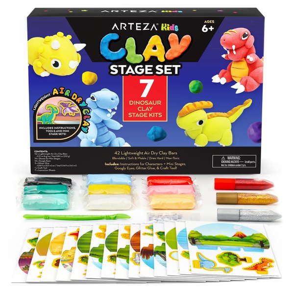 ARTEZA Kids Air Dry Clay, 42 Bars, Dinosaur Modeling Clay Kit, 14 Mini-Stages, 14 Googly Eyes, 3 Glitter Glues, 1 Craft Tool, 7 Instruction Sheets