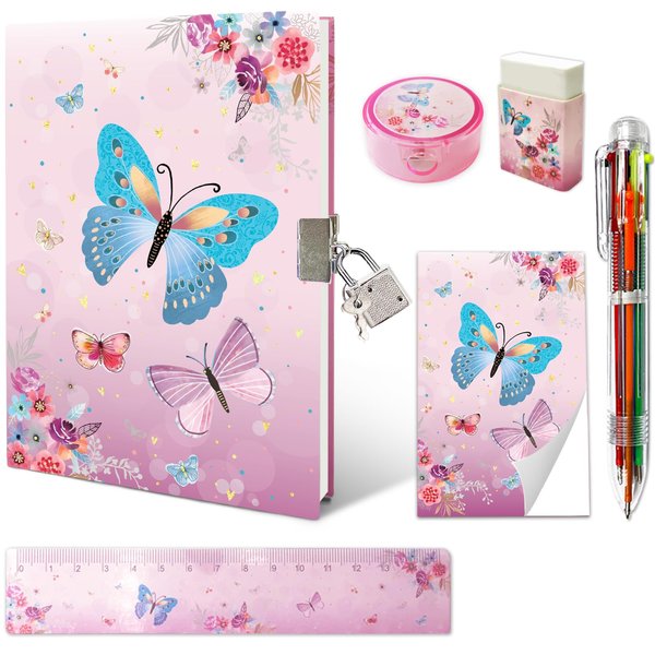 Girls Diary with Lock, Kids Journal Stationary Set for PreSchool Teen Learning Writing Drawing Age 6,8,10,12 Years Butterfly Gift with Notebook Memo NotePad 6 Multicolored Pen Ruler Sharpener Eraser