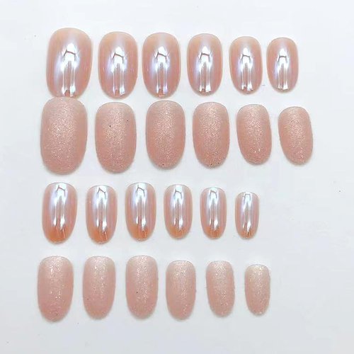Almond Press on Nails Short Round Fake Nails Chrome Gloss False Nails with Glitte Powder Designs Acrylic Nails Press on Artificial Nails Stick on Nails for Women 24Pcs Nail Press ons