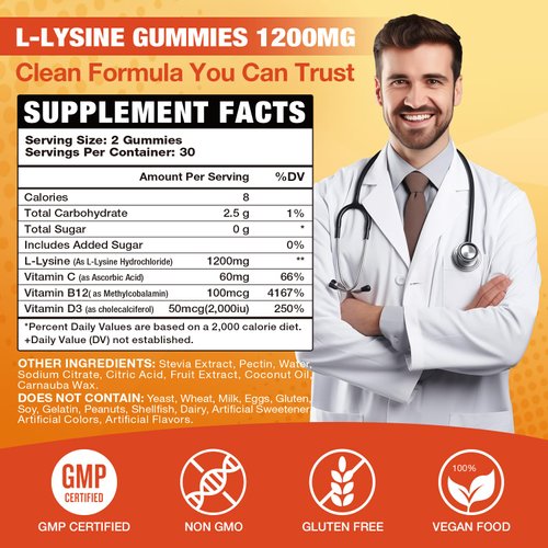 VAJYKEWJY L-Lysine Gummies 1000 mg for Immune Support, Delicious Orange Flavor, Vegan, Non-GMO, Gluten-Free – 120 Count