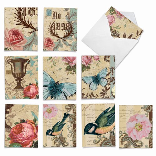 The Best Card Company - 10 Retro Blank Cards with Envelopes (4 x 5.12 Inch) - Artistic Boxed Assortment, Vintage Note Cards - Victorian Garden M3972