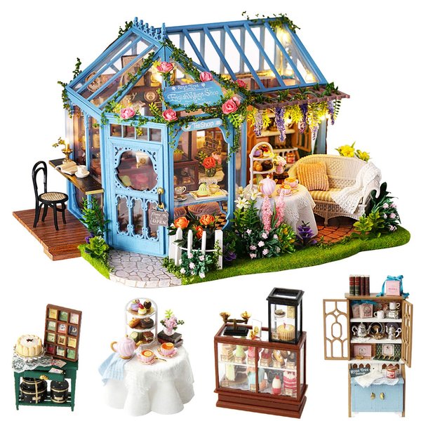 Spilay Dollhouse Miniature with Furniture,DIY Dollhouse Kit Plus Dust Cover & Music Box,1:24 Scale Creative Room for Girl Christmas Birthday Gift for Lover and Friends (Rose Garden Tea House)