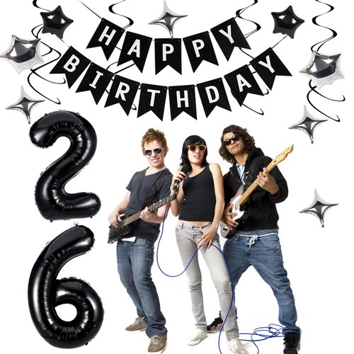 Miidenks 26th Birthday Decorations for Men Women, Black White and Silver Happy 26 Birthday Party Decorations Set with Birthday Balloons 26 Birthday Banner Star Black Cake Topper for Him Her