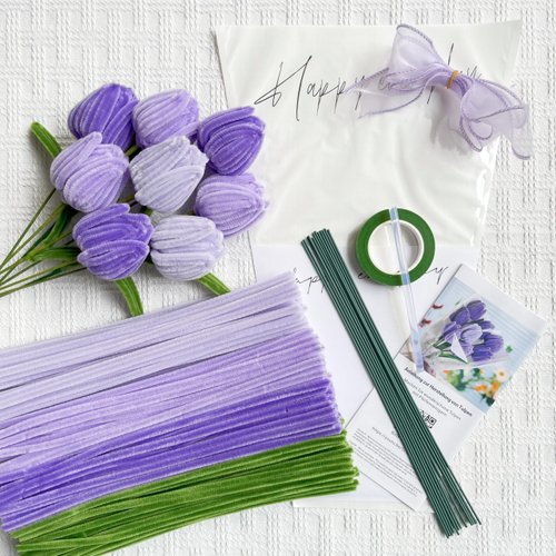 YYUENGTAK Violet Tulip bouquet pipe cleaners for crafts, pipe cleaner flowers set, 200 pieces pipe cleaners for crafts set with 4 colors, instruction,floral wire,florist's tape,wrapping paper,Ribbon