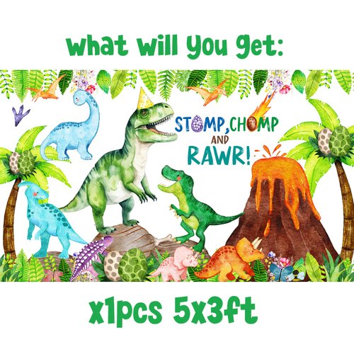 Watercolor Dinosaur Birthday Party Backdrop Banner Stomp Chomp and Rawr Dinosaur Dinosaur Birthday Decorations Party Supplies for Boys Kids 1st 2nd 3rd 4th 10th Dinosaur Party Decor
