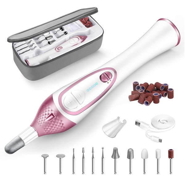 36-Piece Professional Manicure & Pedicure Kit, Cordless Nail Drill Machine,20000RPM,11Pcs Bits,4 Speed,Electric Nail File Set, Nails Care Kits, Manicure Pedicure Tools,Storage Case (Rose Red 36pcs)