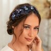 Formery Handmade Blue Flowers Headband Crystal Floral Hairband Wedding Prom Party Copper Wire Flower Bead Headpiece for Women and Girls