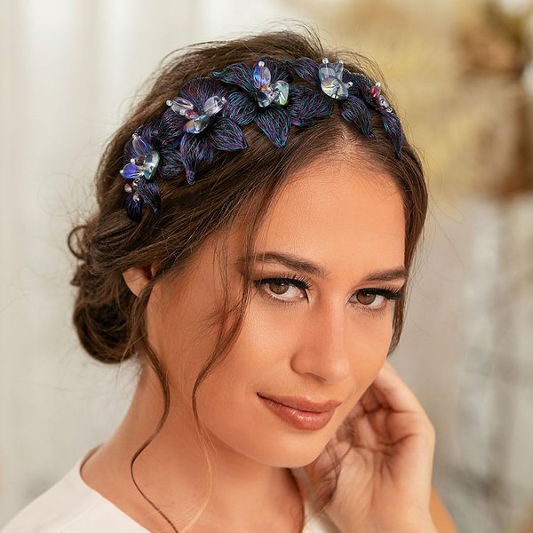 Formery Handmade Blue Flowers Headband Crystal Floral Hairband Wedding Prom Party Copper Wire Flower Bead Headpiece for Women and Girls