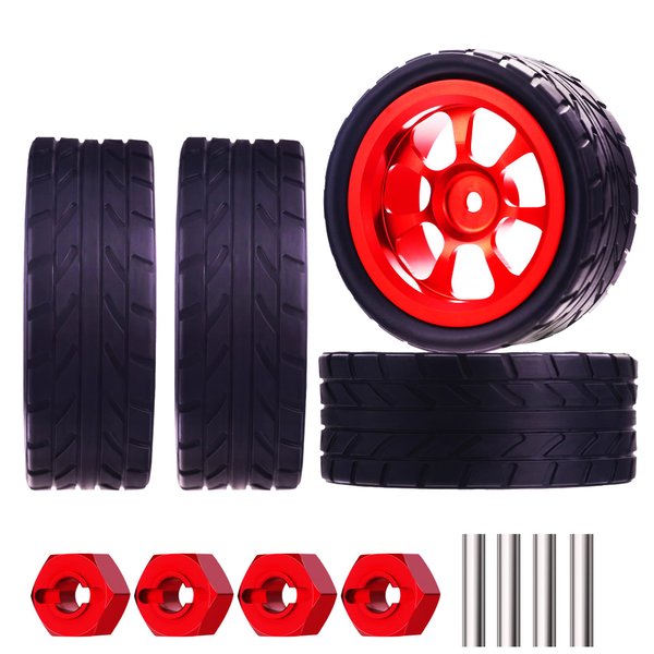 Mesimsple Alloy 4PCS Wheel Rim And Tire & Wheel Hex Hub for MJX Hyper Go 1/14 14301 14303 Series Upgrades Part Red
