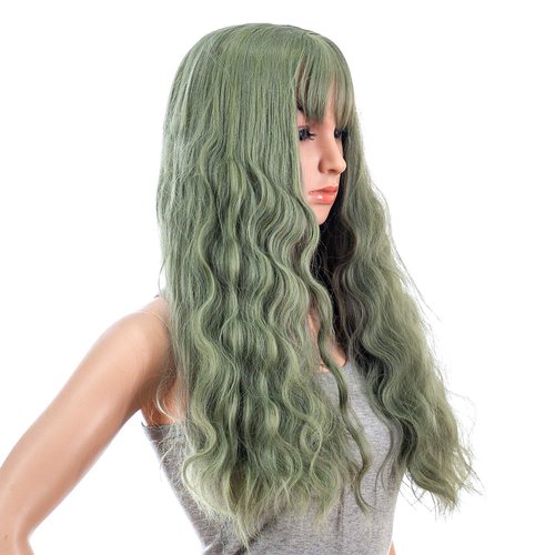 SWACC 26-Inch Women Long Wave Curly Synthetic Hair Full Wig with Wig Cap (Dull Green)