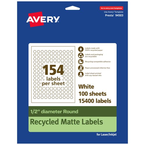 Avery EcoFriendly Matte White Recycled Round Labels, 0.5" Diameter, Print-to-The-Edge, Matte White Labels, Permanent Adhesive, Laser/Inkjet Printable, 15,400 Total