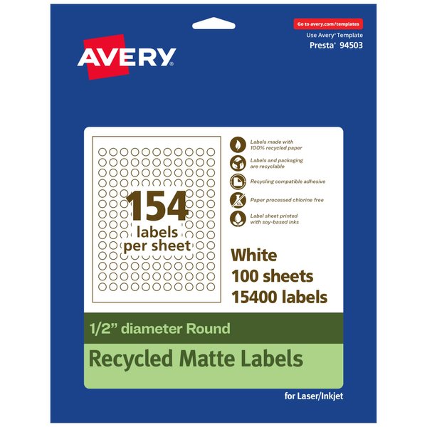 Avery EcoFriendly Matte White Recycled Round Labels, 0.5" Diameter, Print-to-The-Edge, Matte White Labels, Permanent Adhesive, Laser/Inkjet Printable, 15,400 Total