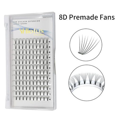 Premade Fans Eyelash Extensions Premade 8D Eyelashes 0.07 Volume Lash Extensions C D Curl Lash Fans Short Stem Premade Eyelashes 120FANS(9mm, 8D-0.07-C)