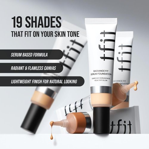 TFIT Radiance Fit Serum Foundation - Flawless Coverage, Dewy finish, Long-lasting, Lightweight, Korean Makeup, W02 Almond Butter, 1.05 Oz.