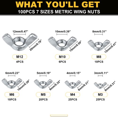 Siptenk Wing Nuts 200PCS, Metric & SAE Wingnuts 13 Assorted Sizes Carbon Steel Zinc Plated Butterfly Wing Nut M3-M12 6-32 to 3/8"-16 Fasteners Hardware Assortment Kit