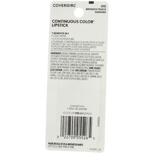 CoverGirl Continuous Color Lipstick, Bronzed Peach [015], 0.13