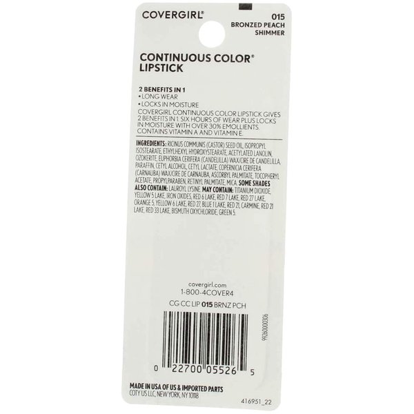 CoverGirl Continuous Color Lipstick, Bronzed Peach [015], 0.13