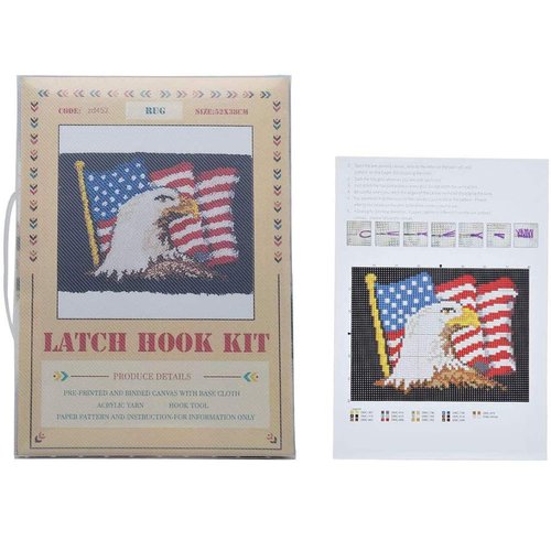 QJBMEI Latch Hook Rug Kits for Adults with Printed American Flag Canvas DIY Tapestry Kits Rug Making Kit Crocheting Embroidery Set 20.5" X 15",American Flag,52×38CM