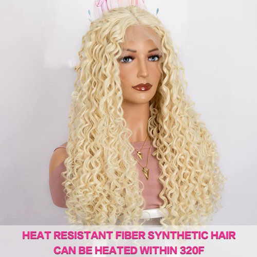 LICATEAT Blonde Lace Front Wigs for Women V Part 613 Loog Curly Loose Wave Wig Heat Resistent Synthetic Hair (26 Inch)