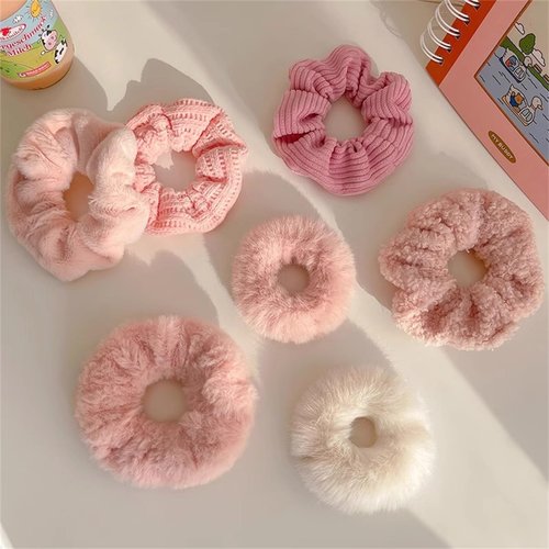 7 Pcs Hair Scrunchies Rabbit Furry Hair Ties Pom Elastic Hair Bobbles Rope Fluffy Ponytail Holder Ball Hair Band for Women Girls Hair Accessories-076-Pink