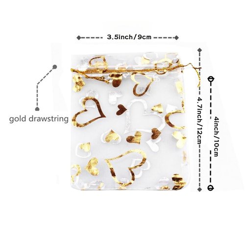 QIANHAILIZZ 100 pcs 3.5 x 4.7 Inch Flower Heart Organza Jewelry Gift Pouch Candy Pouch Drawstring Wedding Favor Bags X92 (A white with gold heart)