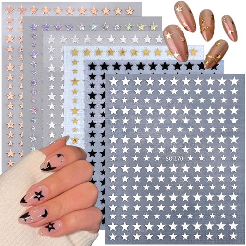 Star Nail Stickers 6Sheets Glitter Shiny Star Nail Art Supplies Black White Rose Gold Silver Nail Design Stickers Colorful Self-Adhesive Stars Nail Decals for Women Girl DIY French Manicure Decor Tips