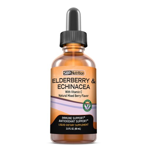 SBR Nutrition Immune Support Liquid Dietary Supplement for Adults, Elderberry and Echinacea with Vitamin C, Organic, Vegan Sambucus Extract Immune System Booster, 2 oz (60 mL)